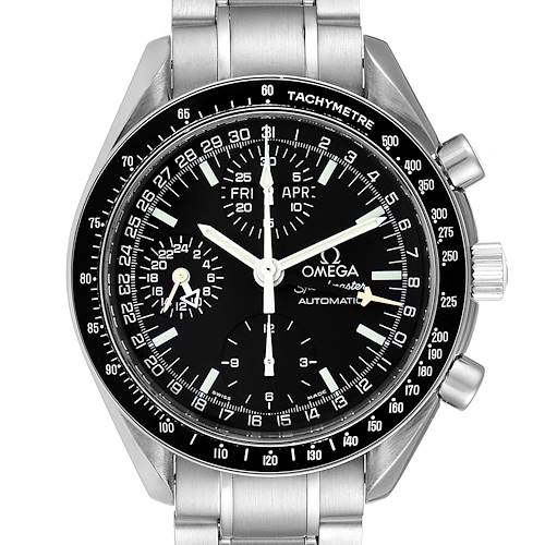 The image features a front view of the Omega Speedmaster 3520.50.00 Men's Stainless Steel  3520.50.00 Men's Stainless Steel  watch, showing the dial, subdials, and bracelet.