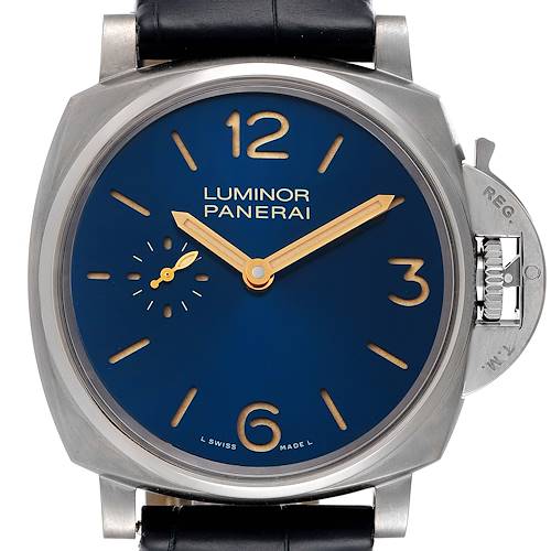 The image shows a front view of the Panerai Luminor Due PAM00728 Men's Titanium Blue Dial PAM00728 Men's Titanium Blue Dial watch, highlighting its blue dial and crown guard.