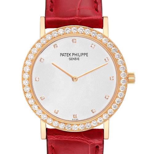 This image shows a Patek Philippe Calatrava 5006R Men's Rose Gold Silver Dial 5006R Men's Rose Gold Silver Dial watch with a diamond bezel and a red leather strap from a front angle.