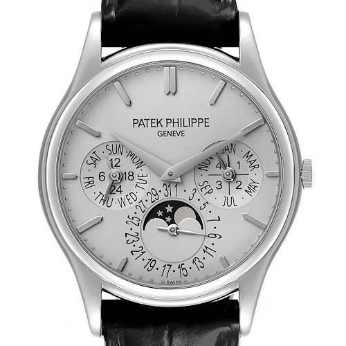 The Patek Philippe Calatrava 5140G-001 Men's Stainless Steel Silver Dial 5140G-001 Men's Stainless Steel Silver Dial watch is shown from the front, displaying the dial, hands, and calendar complications.