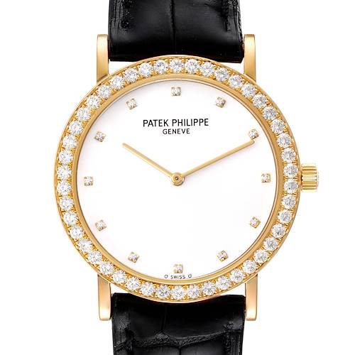 The image shows a front view of a Patek Philippe Calatrava 5006J Men's Yellow Gold White Dial 5006J Men's Yellow Gold White Dial watch with a black strap and diamond-encrusted bezel.