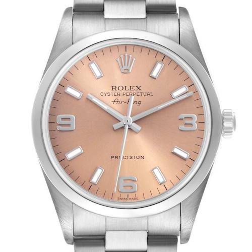 The Rolex Air-King 14000M Men's Stainless Steel Pink Dial 14000M Men's Stainless Steel Pink Dial watch is shown from a front angle, highlighting the dial, crown, and part of the bracelet.