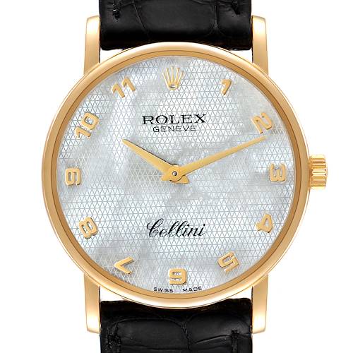 The Rolex Cellini 5115 Men's Yellow Gold Mother of Pearl Dial 5115 Men's Yellow Gold Mother of Pearl Dial watch is shown from a front angle, displaying its face, hour markers, hands, and part of the strap.