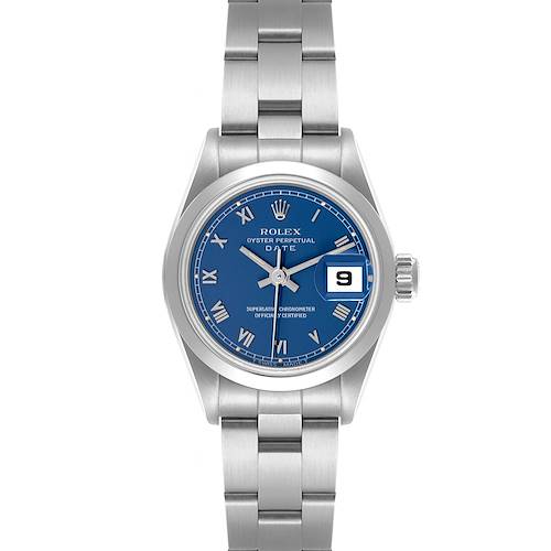 The Rolex Date 69160 Women's Stainless Steel Blue Dial 69160 Women's Stainless Steel Blue Dial watch is shown from a front angle, highlighting its blue dial, Roman numerals, and bracelet.