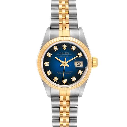 This image shows a Rolex Datejust 69173 Women's Steel and Gold (two tone) Blue Dial 69173 Women's Steel and Gold (two tone) Blue Dial watch from a front angle, highlighting the blue dial, date window, and two-tone bracelet.