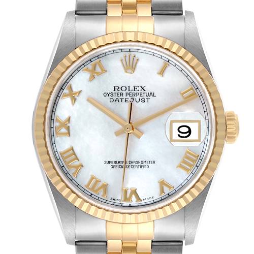 The Rolex Datejust 16233 Men's Steel and Gold (two tone) Mother of Pearl Dial 16233 Men's Steel and Gold (two tone) Mother of Pearl Dial watch is shown from a front angle, displaying the face, bezel, crown, and part of the bracelet.