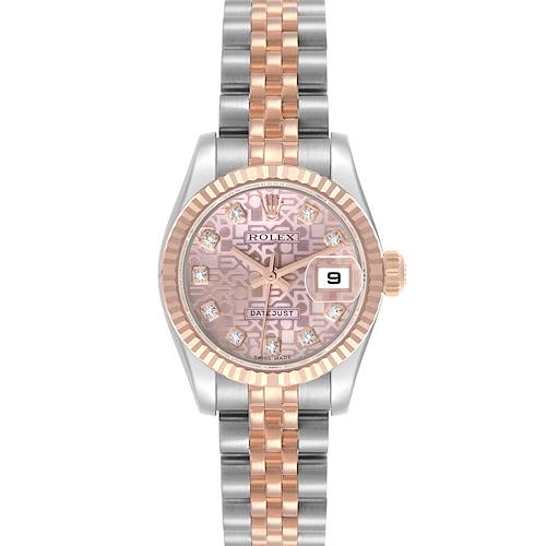 The image shows a frontal view of a Rolex Datejust 179171 Women's Steel and Gold (two tone) Pink Dial 179171 Women's Steel and Gold (two tone) Pink Dial watch, featuring its dial, bezel, and bracelet.