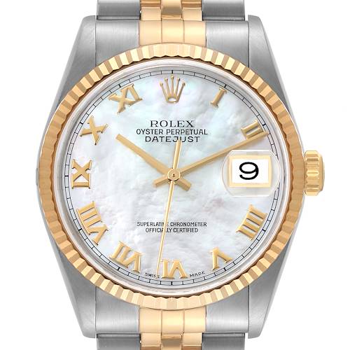This image shows a front view of a Rolex Datejust 16233 Men's Steel and Gold (two tone) Mother of Pearl Dial 16233 Men's Steel and Gold (two tone) Mother of Pearl Dial watch featuring a two-tone bracelet, fluted bezel, and Roman numeral dial with a date window.
