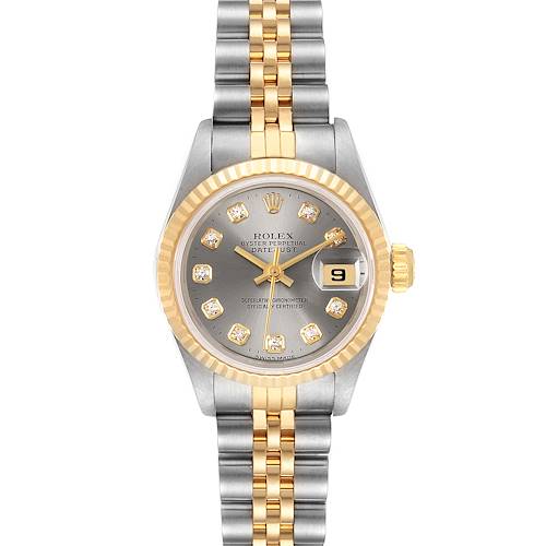 This Rolex Datejust 69173 Women's Steel and Gold (two tone) Silver Dial 69173 Women's Steel and Gold (two tone) Silver Dial watch is shown from a front angle, displaying its two-tone bracelet, dial, hands, date window, and bezel.