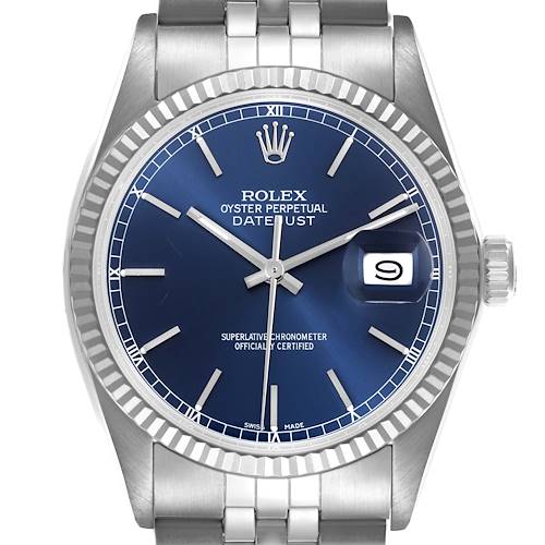 The Rolex Datejust 16014 Men's Stainless Steel Blue Dial 16014 Men's Stainless Steel Blue Dial watch is shown from a top-down angle, highlighting its face, bezel, and part of the bracelet.