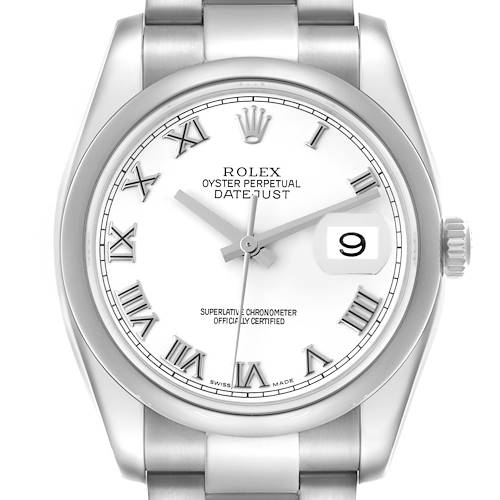 This image shows a frontal view of the Rolex Datejust 116200 Men's Stainless Steel White Dial 116200 Men's Stainless Steel White Dial watch, highlighting the dial, hands, bezel, and bracelet.