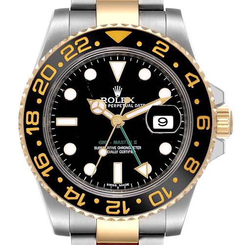 The image displays a front view of the Rolex GMT-Master 116713 Men's Steel and Gold (two tone) Black Dial 116713 Men's Steel and Gold (two tone) Black Dial II, showcasing its dial, bezel, crown, and part of the bracelet.