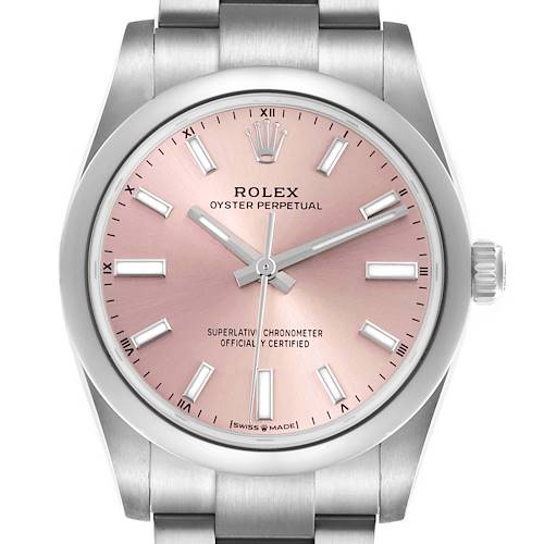 The image shows a front view of a Rolex Oyster Perpetual 124200 Men's Stainless Steel Pink Dial 124200 Men's Stainless Steel Pink Dial watch, highlighting its pink dial and stainless steel bracelet.