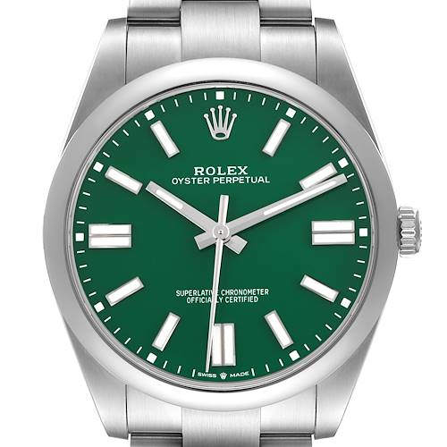 The Rolex Oyster Perpetual 124300 Men's Stainless Steel Green Dial 124300 Men's Stainless Steel Green Dial watch is shown from the front, highlighting its green dial, crown, and stainless steel bracelet.