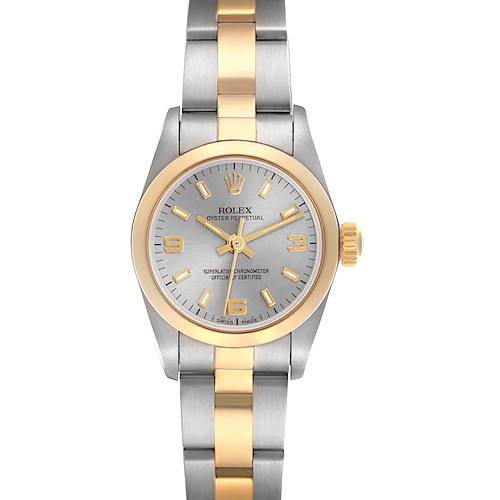 The Rolex Oyster Perpetual 67183 Women's Steel and Gold (two tone) Grey Dial 67183 Women's Steel and Gold (two tone) Grey Dial watch is shown from a top view, highlighting its dual-tone bracelet, dial, and crown.