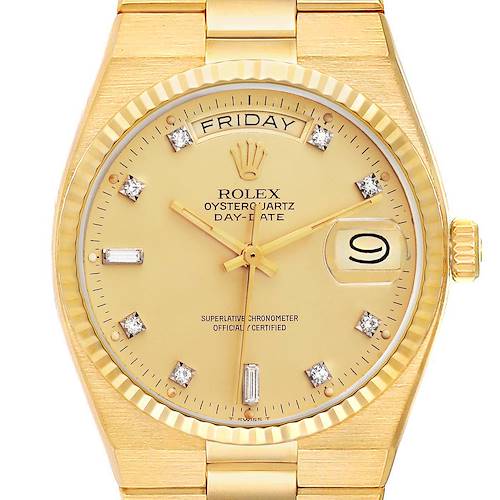 The Rolex Oysterquartz 19018 Men's Yellow Gold Champagne Dial 19018 Men's Yellow Gold Champagne Dial watch is shown from a front angle, highlighting the dial, bezel, and part of the bracelet.