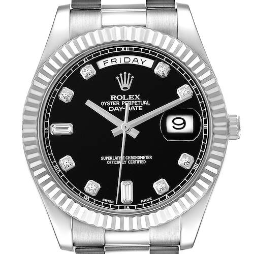 The Rolex President 218239 Men's White Gold Black Dial 218239 Men's White Gold Black Dial model is shown from the front, displaying the dial, bezel, and partial bracelet.