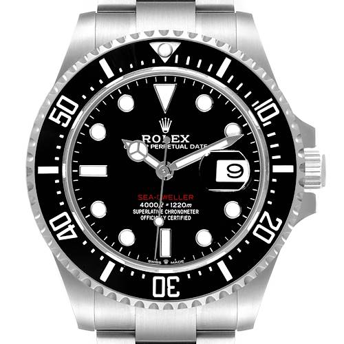 The image shows a front view of the Rolex Sea-Dweller 126600 Men's Stainless Steel Black Dial 126600 Men's Stainless Steel Black Dial watch, highlighting its dial, bezel, and part of the bracelet.