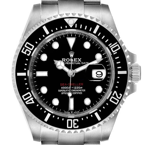 The image shows a front angle of a Rolex Sea-Dweller 126600 Men's Stainless Steel Black Dial 126600 Men's Stainless Steel Black Dial watch, highlighting its dial, bezel, and part of the bracelet.