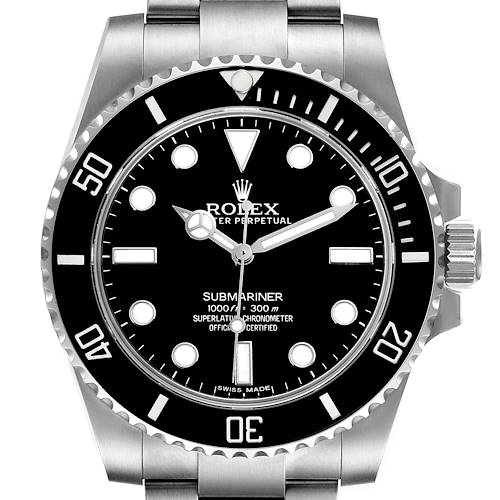 The image shows a front view of the Rolex Submariner 114060 Men's Stainless Steel Black Dial 114060 Men's Stainless Steel Black Dial watch, highlighting its black dial, bezel, and stainless steel bracelet.