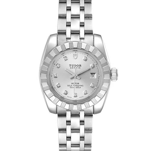 The image shows a top-down view of a Tudor Classic 22010 Women's Stainless Steel Silver Dial 22010 Women's Stainless Steel Silver Dial model watch, featuring the face, bezel, crown, and part of the bracelet.