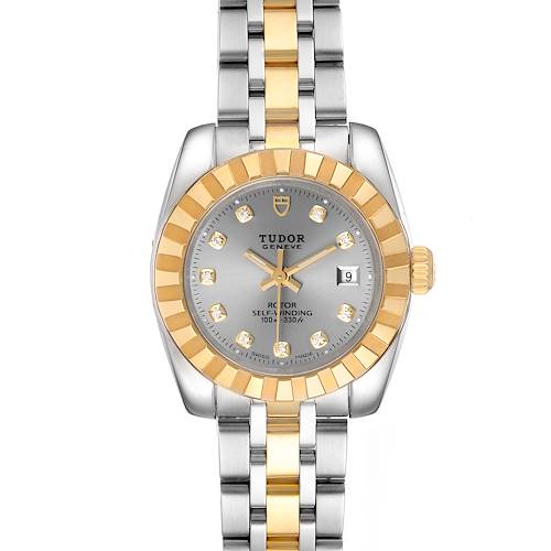 The top-down view shows the Tudor Classic 21023 Women's Steel and Gold (two tone) Silver Dial 21023 Women's Steel and Gold (two tone) Silver Dial model watch with a silver and gold bracelet, grey dial, date window, and gold markers.