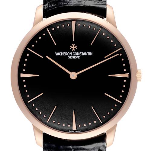 The Vacheron Constantin Patrimony 81180/000R-9162 Men's Rose Gold Black Dial 81180/000R-9162 Men's Rose Gold Black Dial watch is shown from a front angle, showcasing its black dial, gold hands, and minimalist design.