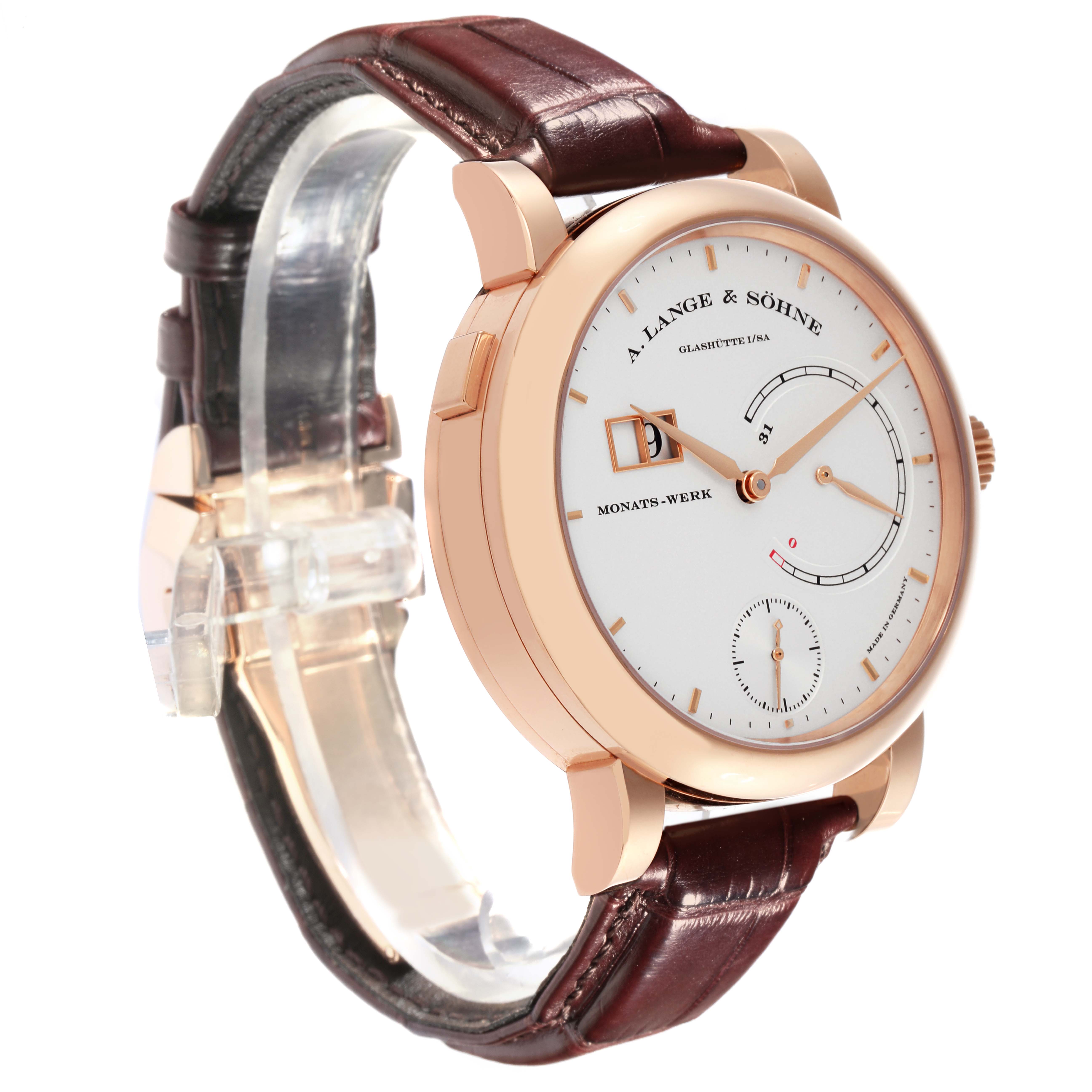 The A. Lange & Sohne Lange 1 130.032F Men's Rose Gold Silver Dial watch is shown at an angle highlighting the face, dial, case, and strap.