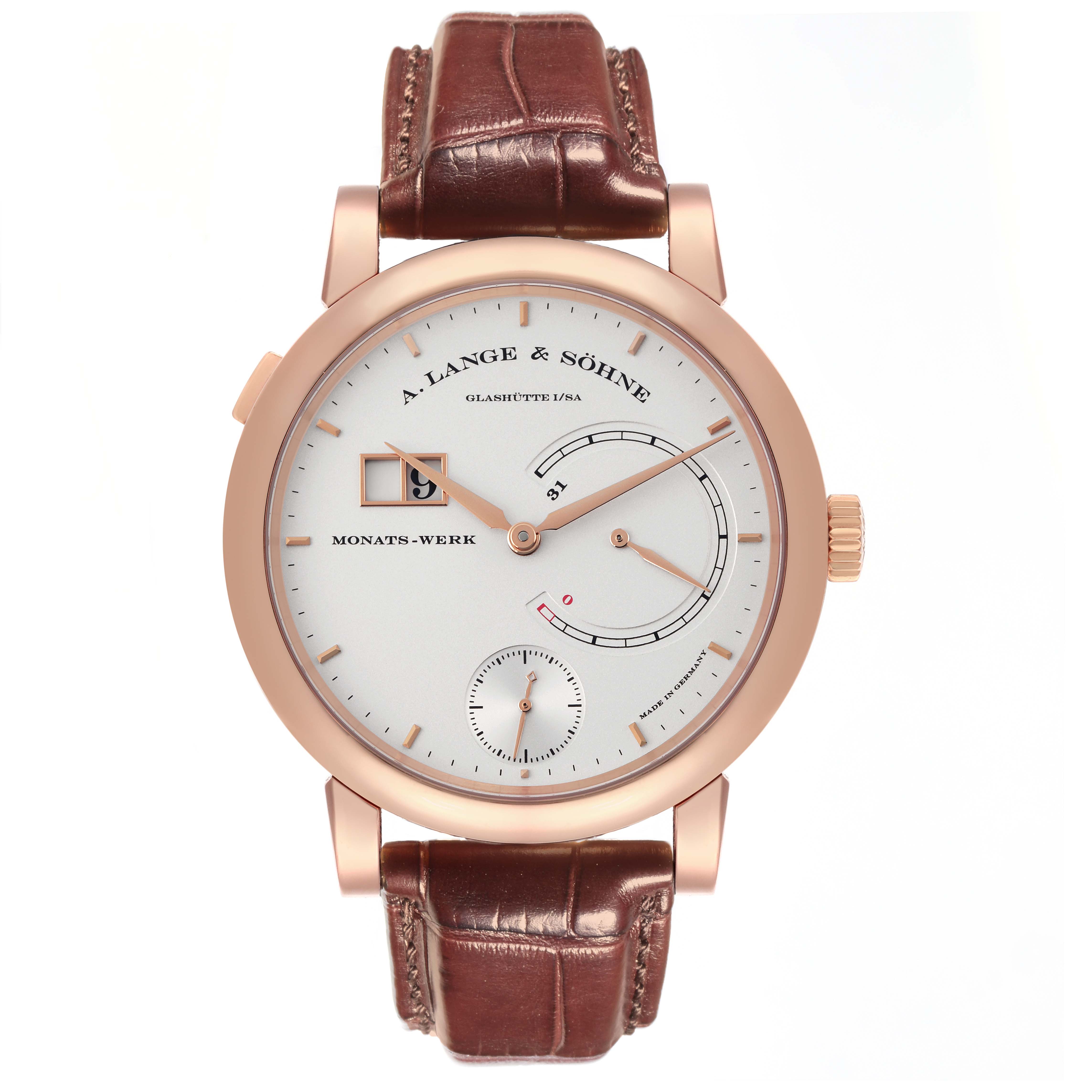 The A. Lange & Sohne Lange 1 130.032F Men's Rose Gold Silver Dial watch is shown from a front angle, displaying its dial, hands, and leather strap.