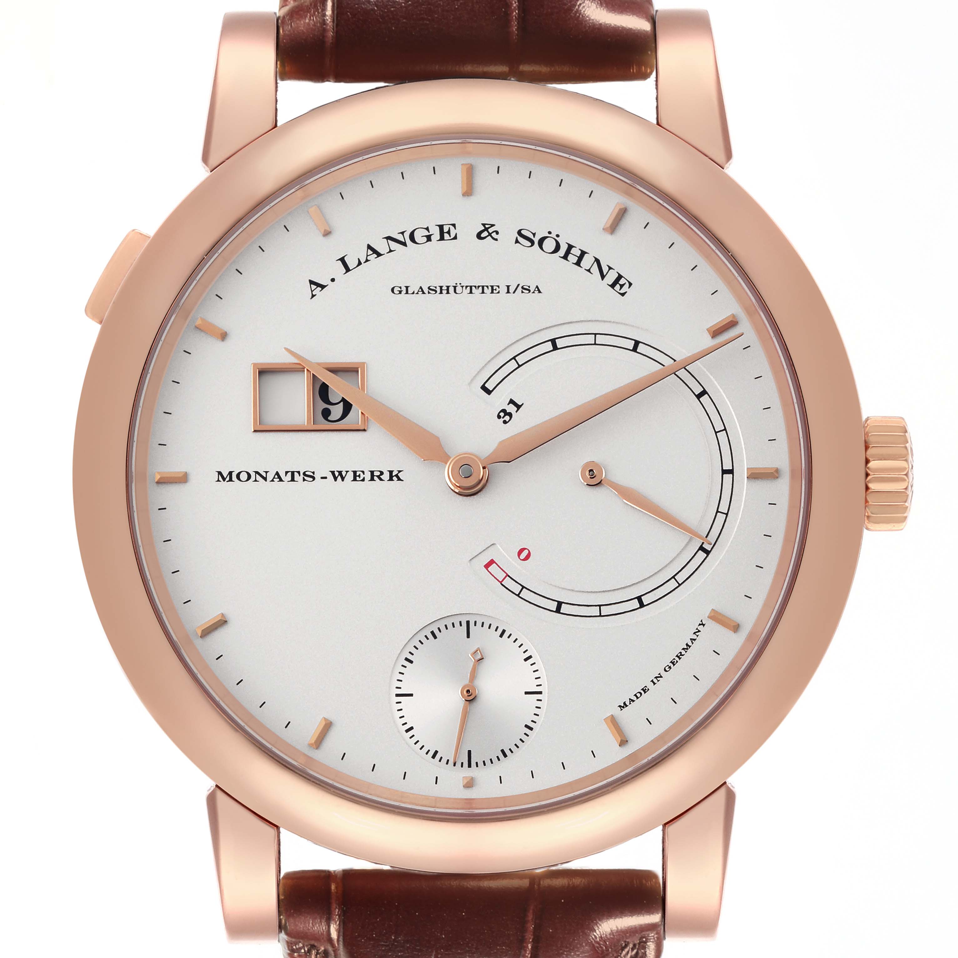 The A. Lange & Sohne Lange 1 130.032F Men's Rose Gold Silver Dial watch is shown from the front, highlighting its dial, hands, subdials, and brown strap.