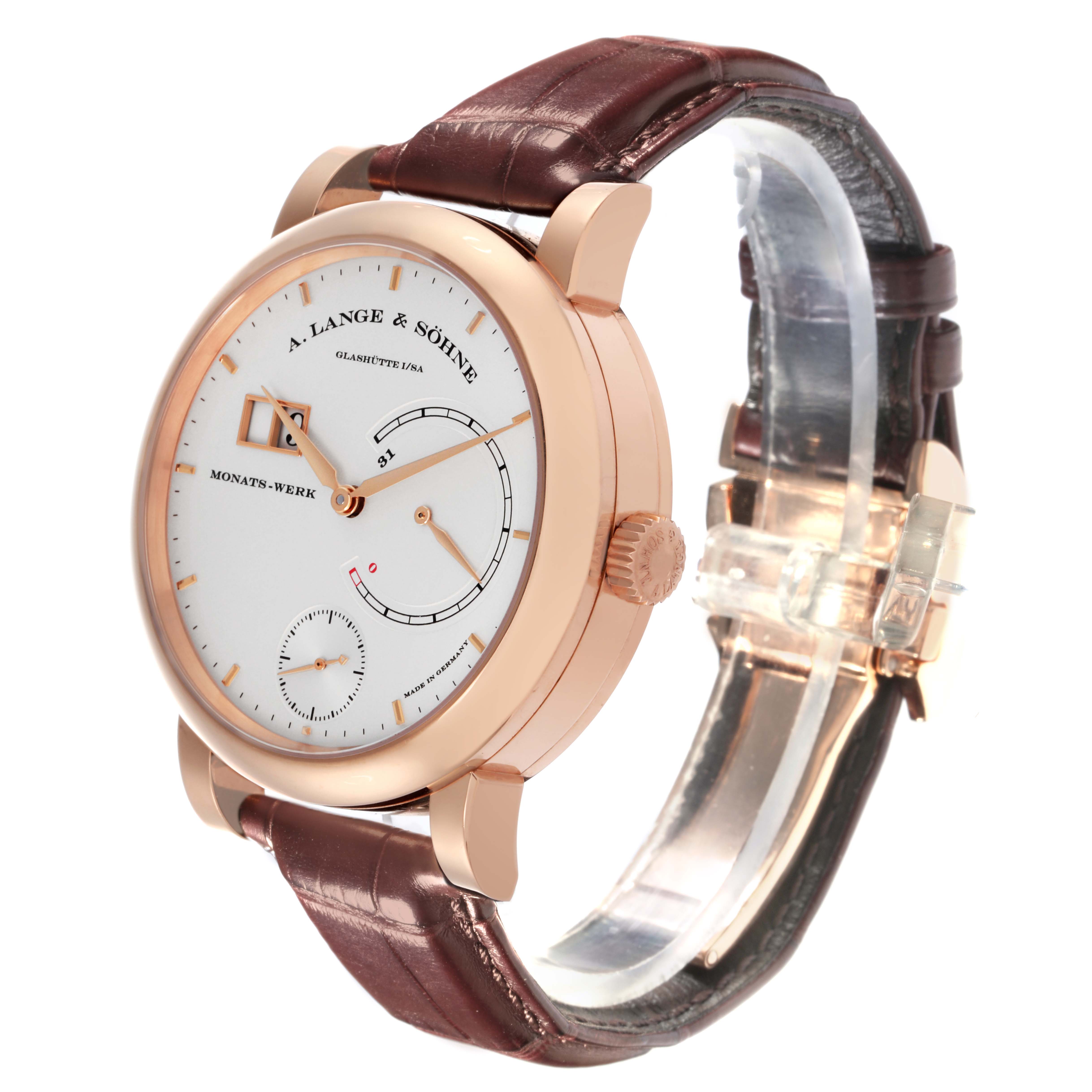 The A. Lange & Sohne Lange 1 130.032F Men's Rose Gold Silver Dial is shown at a three-quarter angle, highlighting the dial, crown, and leather strap.