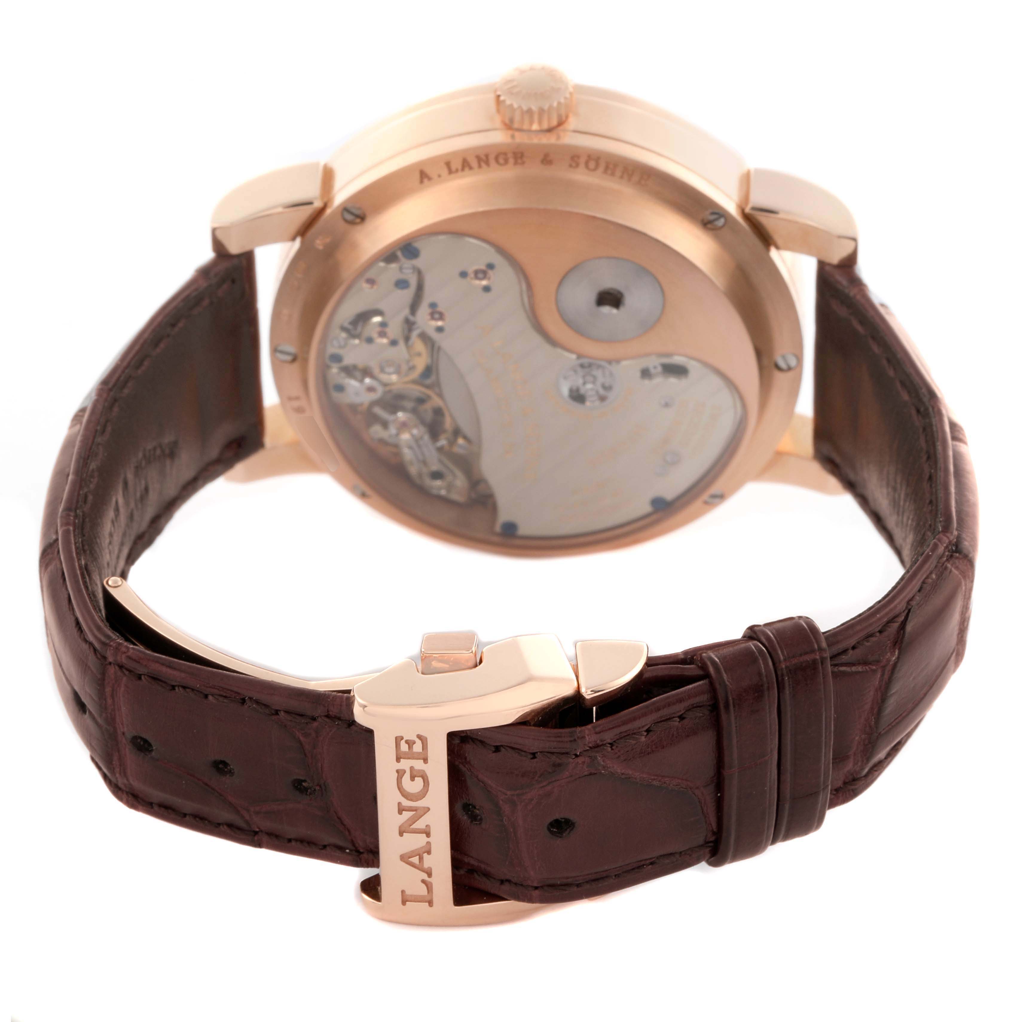 The image shows the back view of the Lange 1 by A. Lange & Söhne, highlighting the movement and clasp.