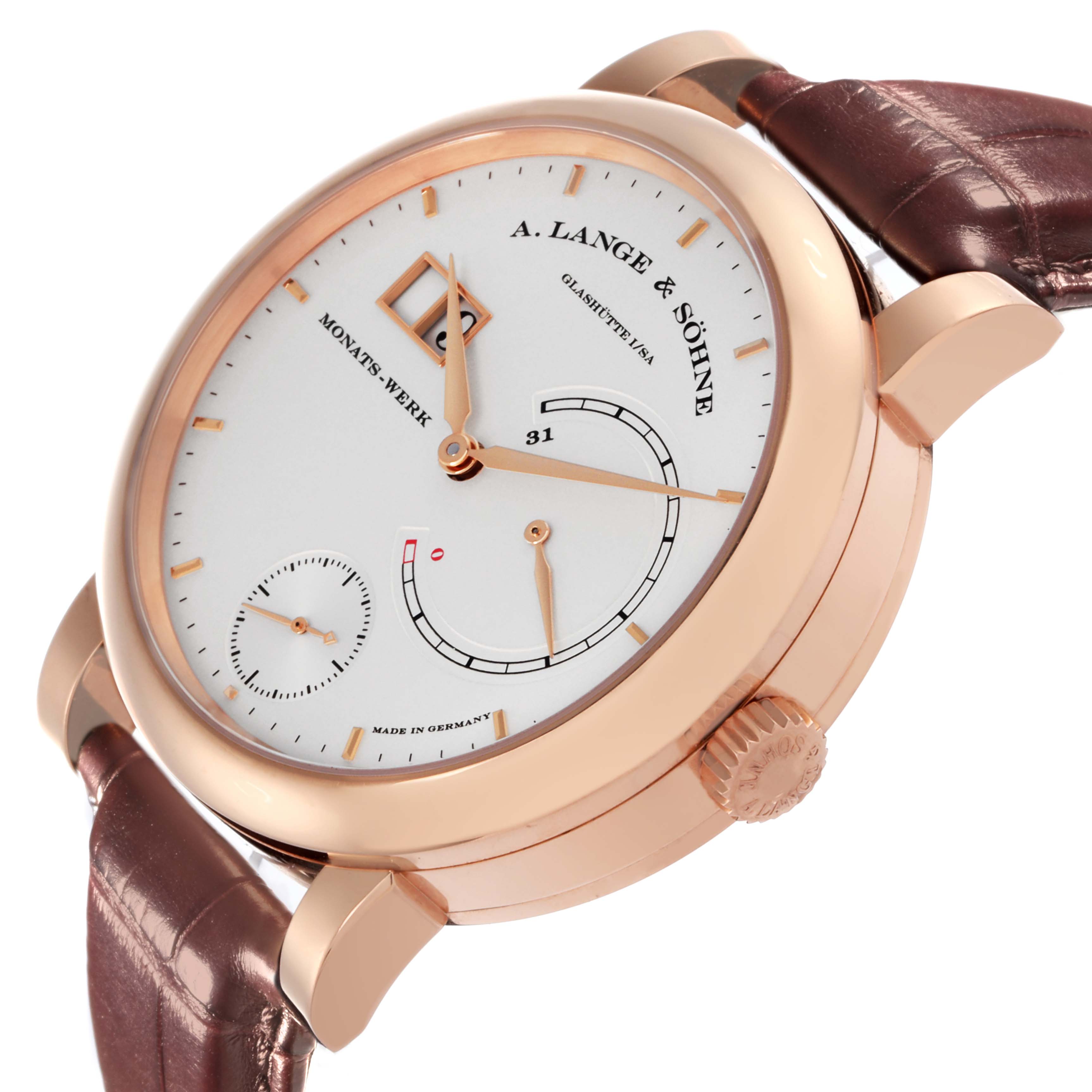 The image shows a close-up angle of the A. Lange & Sohne Lange 1 130.032F Men's Rose Gold Silver Dial watch, highlighting the face, indices, hands, crown, and strap.