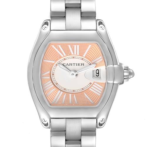The image shows a front view of a Cartier Roadster W62054V3 Women's Stainless Steel Pink Dial W62054V3 Women's Stainless Steel Pink Dial watch, highlighting its face, hands, date window, and part of the bracelet.