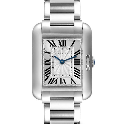The image shows a front view of a Cartier Tank Anglaise W5310022 Women's Stainless Steel Silver Dial W5310022 Women's Stainless Steel Silver Dial watch, displaying its rectangular face and stainless steel bracelet.