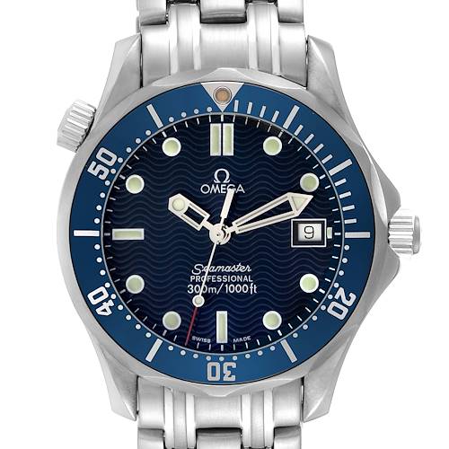 The image shows a front view of the Omega Seamaster 2561.80.00 Men's Stainless Steel Blue Dial 2561.80.00 Men's Stainless Steel Blue Dial watch, highlighting its dial, bezel, crown, and date function.