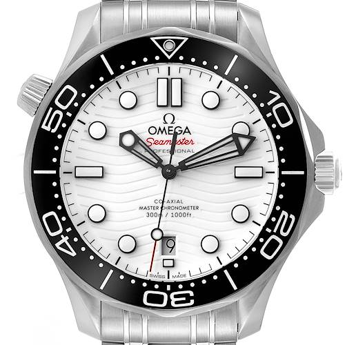 The image shows a frontal view of an Omega Seamaster 210.30.42.20.04.001 Men's Stainless Steel White Dial 210.30.42.20.04.001 Men's Stainless Steel White Dial watch, highlighting its white dial, black bezel, and stainless steel bracelet.