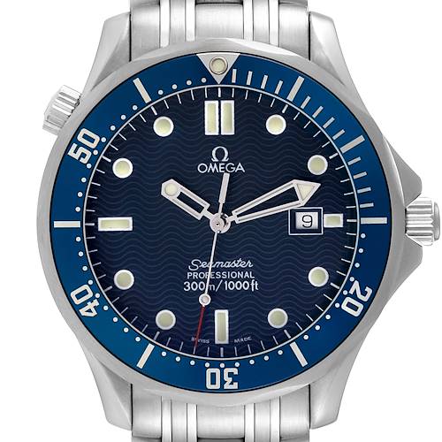 The image shows a front view of the Omega Seamaster 2541.80.00 Men's Stainless Steel Blue Dial 2541.80.00 Men's Stainless Steel Blue Dial watch, highlighting its blue dial, bezel, and crown, including the date function.