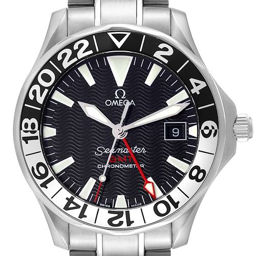 The image shows a front view of an Omega Seamaster 2536.50.00 Men's Stainless Steel Black Dial 2536.50.00 Men's Stainless Steel Black Dial watch, highlighting the watch face, bezel, hands, and date window.