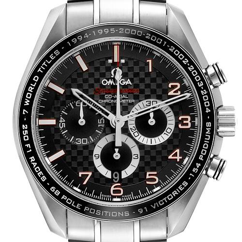 This image shows a front view of the Omega Speedmaster 321.30.44.50.01.001 Men's Stainless Steel Black Dial 321.30.44.50.01.001 Men's Stainless Steel Black Dial watch face, highlighting its chronograph subdials and bezel details.