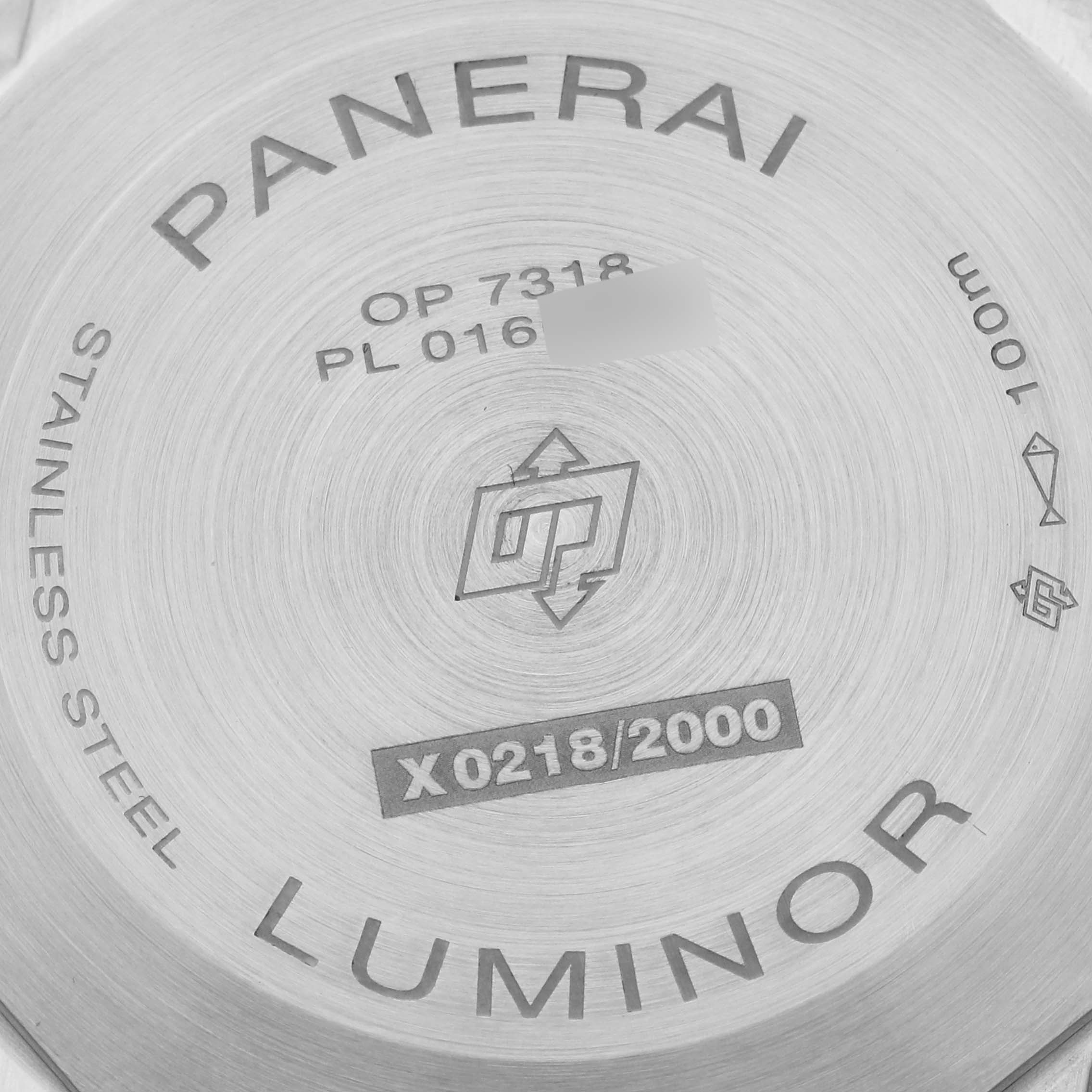 The image shows the back of a Panerai Luminor PAM01109 Men's Stainless Steel Black Dial PAM01109 Men's Stainless Steel Black Dial watch, highlighting engravings and model details.