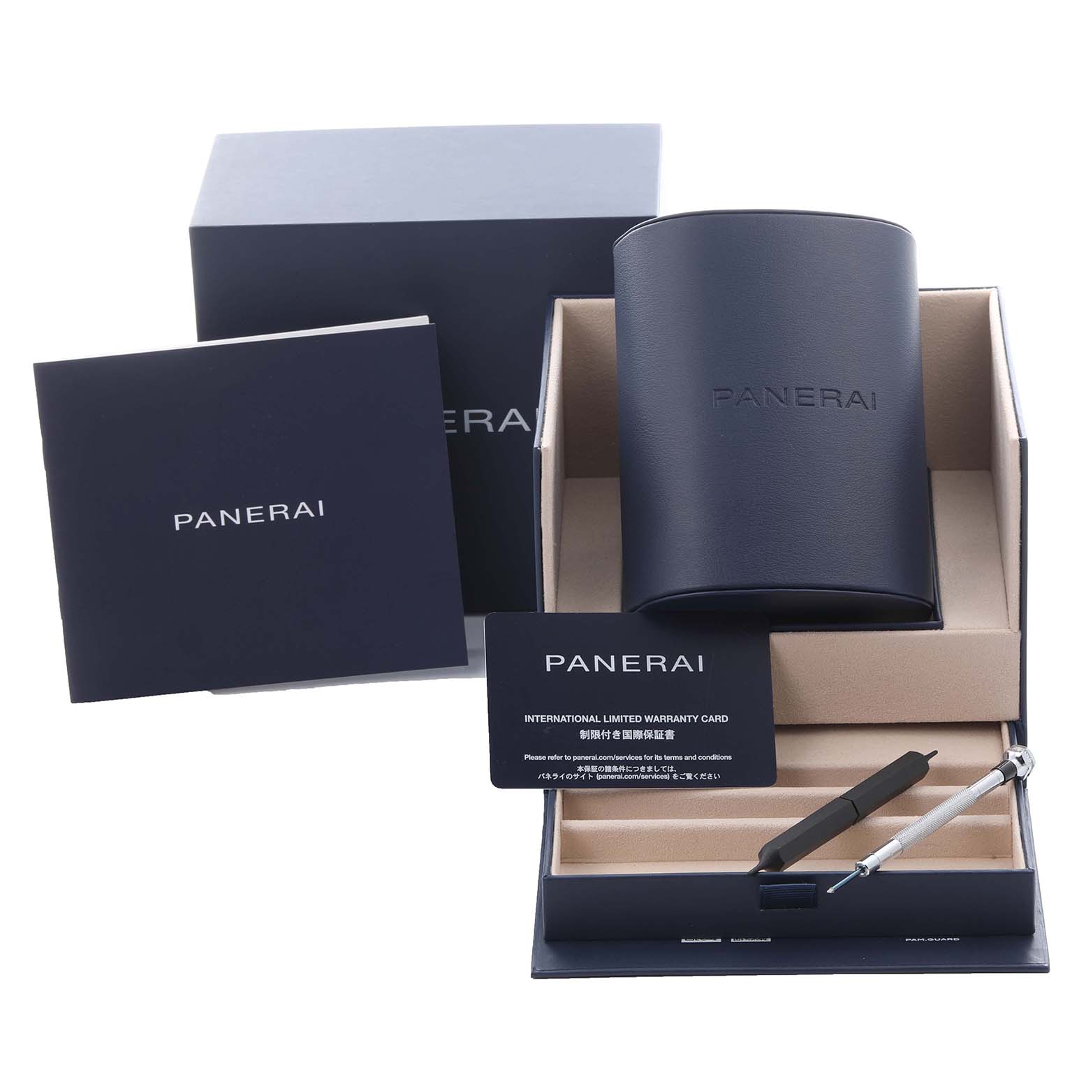 The image shows the packaging and accessories for a Panerai Luminor PAM01109 Men's Stainless Steel Black Dial PAM01109 Men's Stainless Steel Black Dial model, including a storage case, warranty card, and tool.