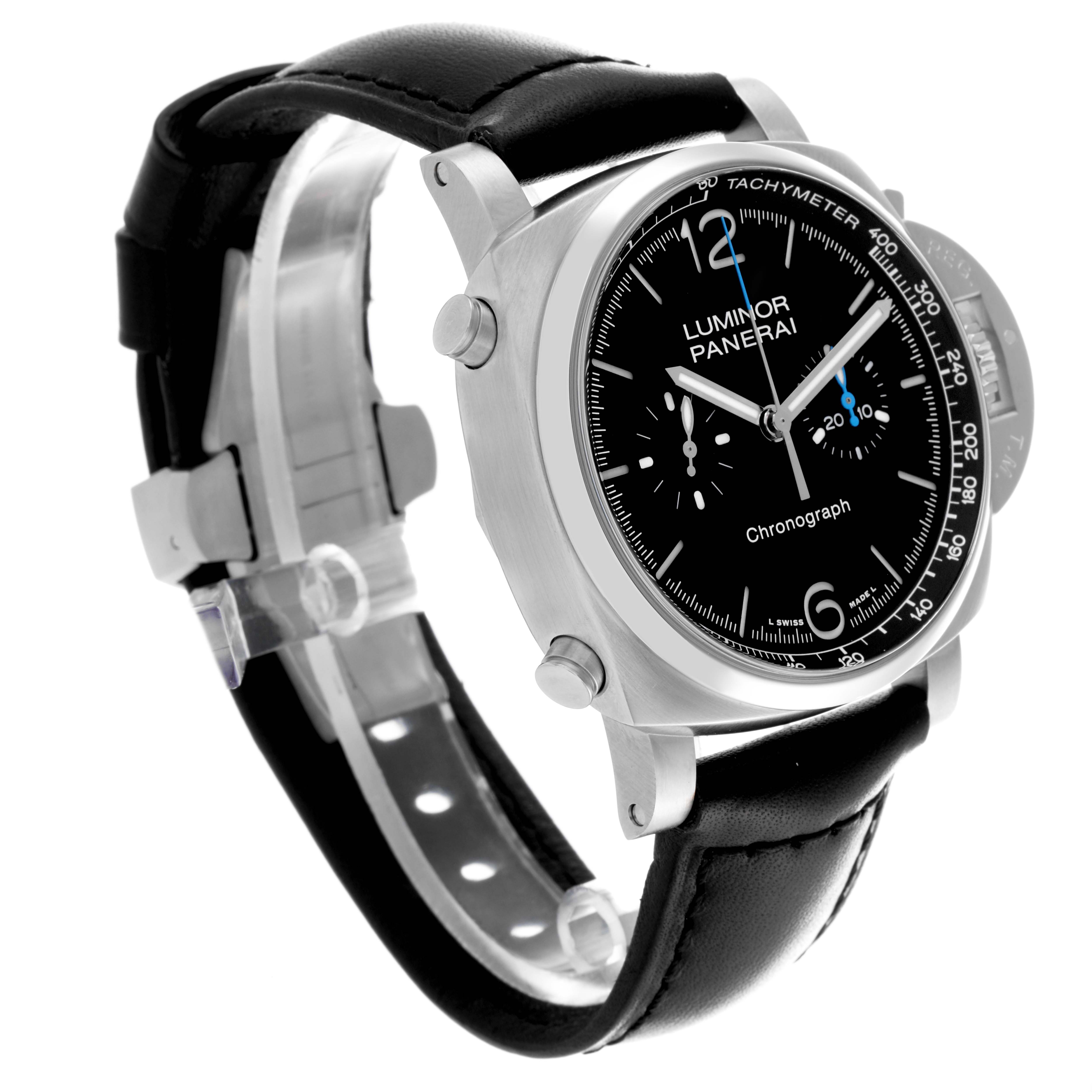 The image shows a Panerai Luminor PAM01109 Men's Stainless Steel Black Dial PAM01109 Men's Stainless Steel Black Dial watch at a slight side angle, highlighting the black dial, leather strap, and stainless steel case.