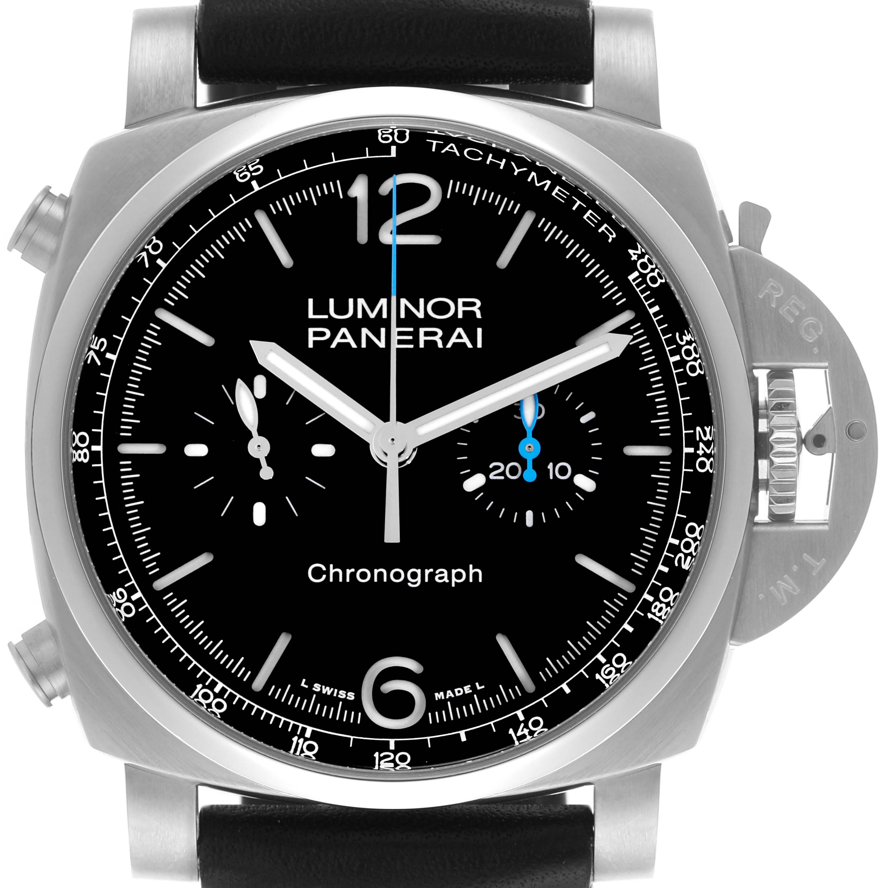 The Panerai Luminor PAM01109 Men's Stainless Steel Black Dial PAM01109 Men's Stainless Steel Black Dial watch is shown from a front angle displaying the dial, bezel, crown guard, and part of the strap.