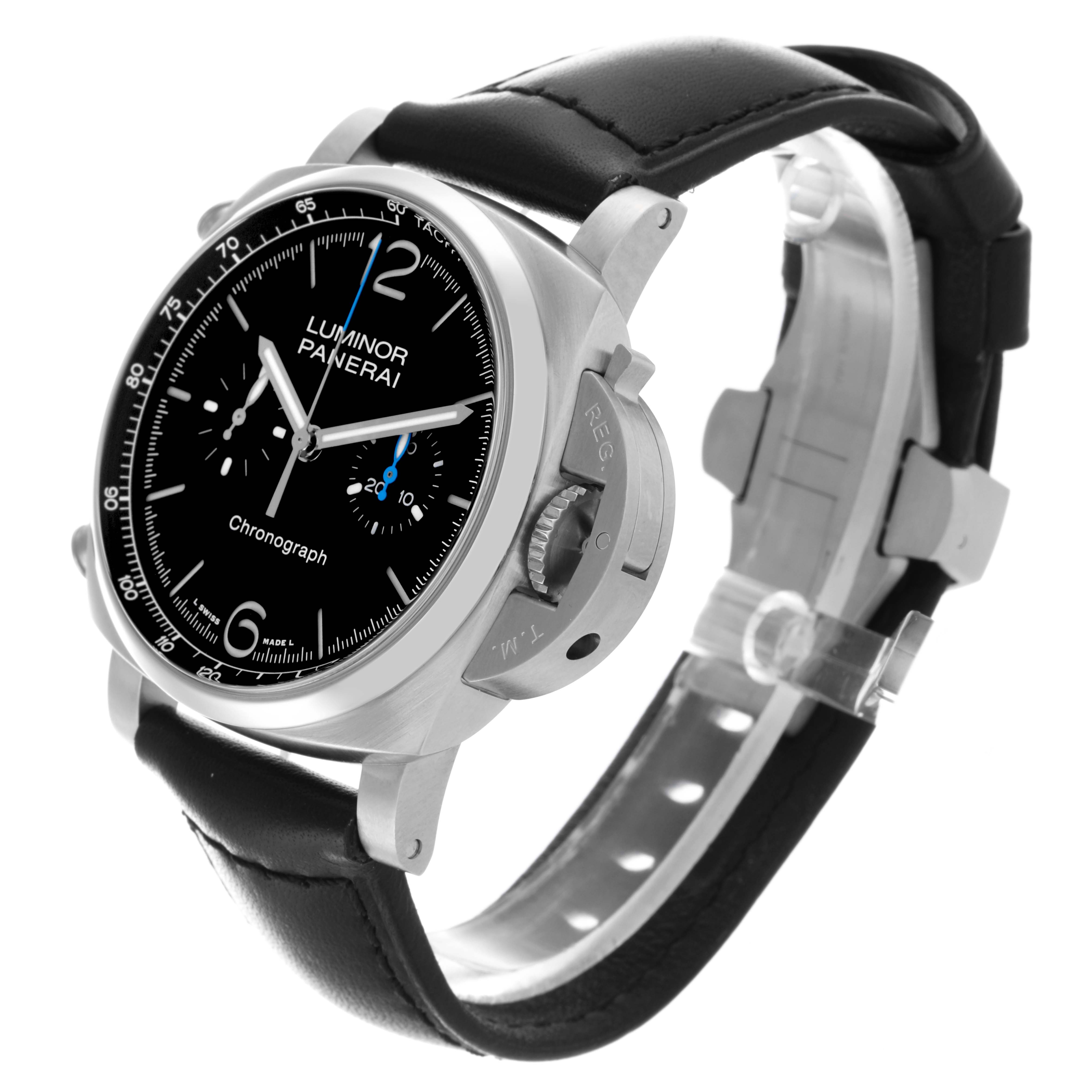 The Panerai Luminor PAM01109 Men's Stainless Steel Black Dial PAM01109 Men's Stainless Steel Black Dial watch is shown from a front-side angle, highlighting the dial, case, crown guard, and leather strap.