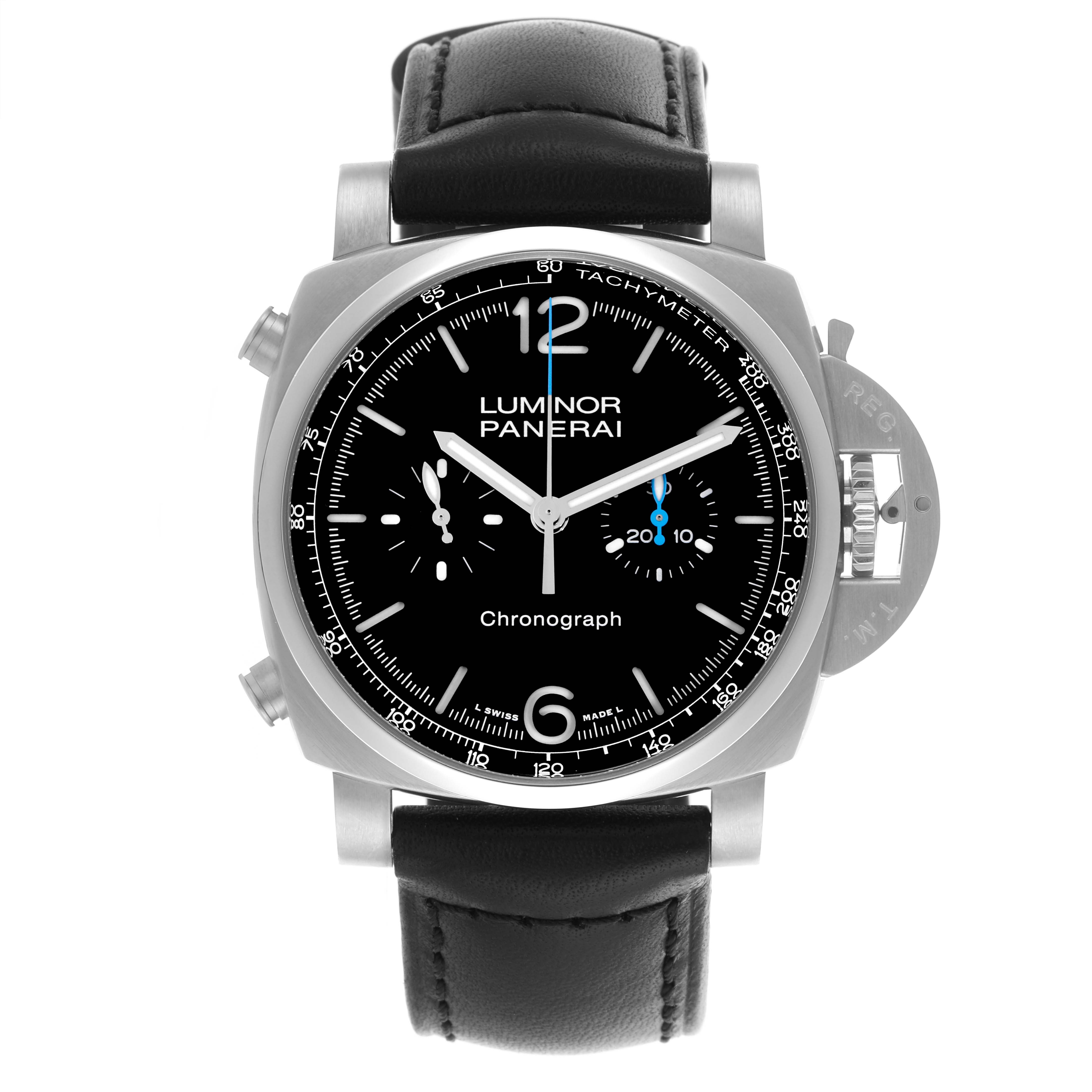 The Panerai Luminor PAM01109 Men's Stainless Steel Black Dial PAM01109 Men's Stainless Steel Black Dial model is shown from the front, highlighting the dial, subdials, bezel, crown guard, and leather strap.