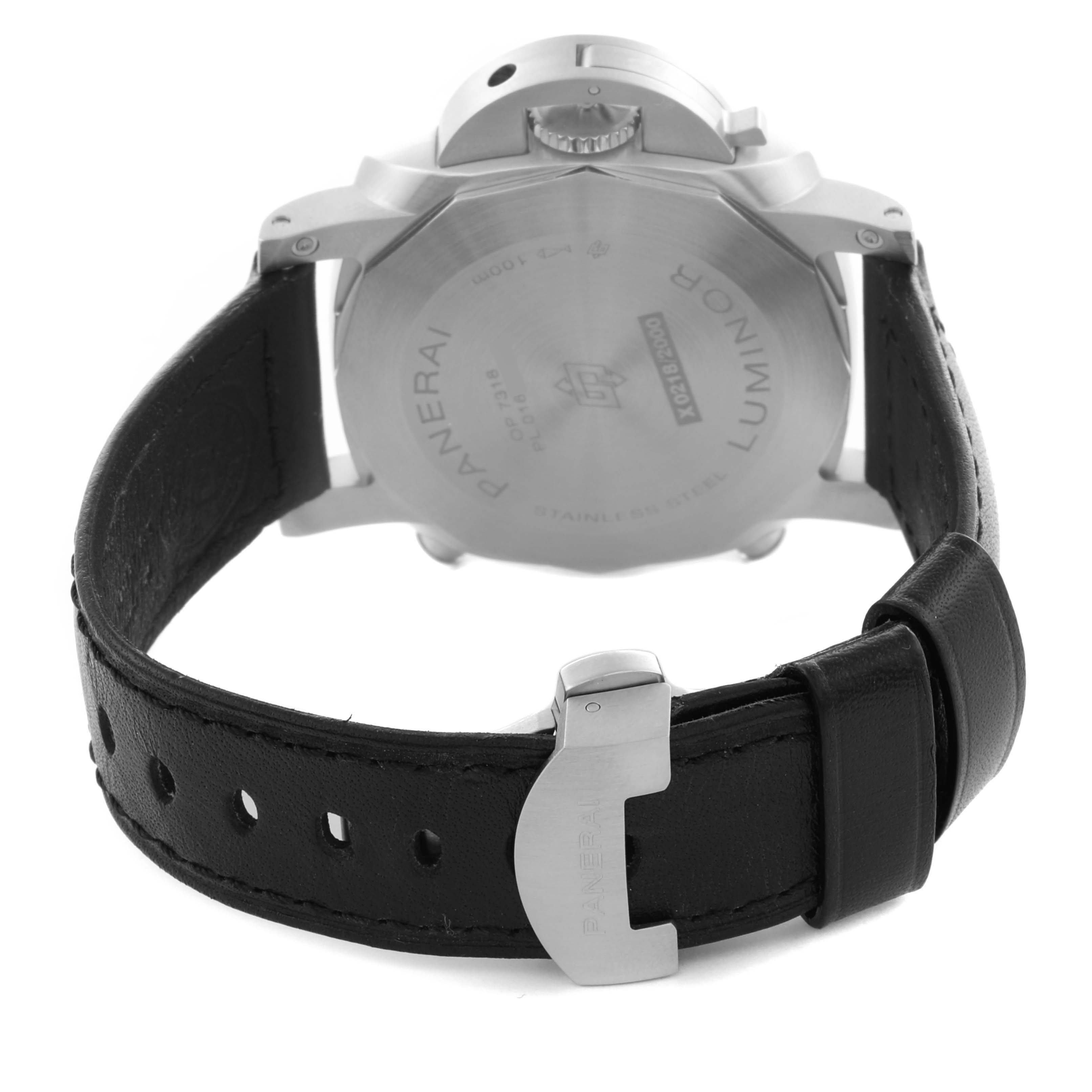 The image shows the back of the Panerai Luminor PAM01109 Men's Stainless Steel Black Dial PAM01109 Men's Stainless Steel Black Dial watch with its leather strap and clasp visible.