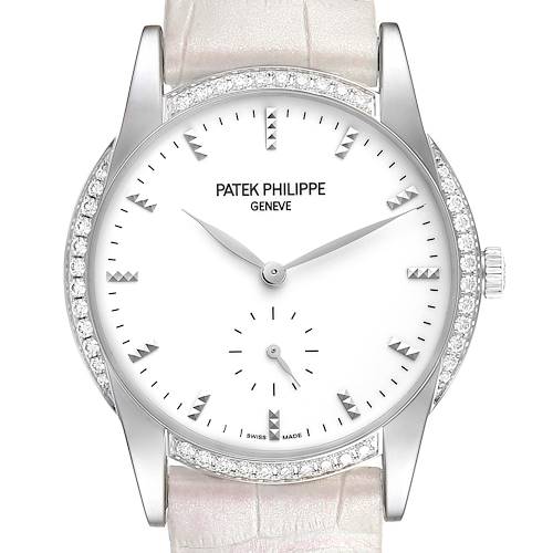 The image shows a front view of a Patek Philippe Calatrava 7122/200G Women's White Gold White Dial 7122/200G Women's White Gold White Dial watch, highlighting its white dial, diamond-set bezel, and leather strap.