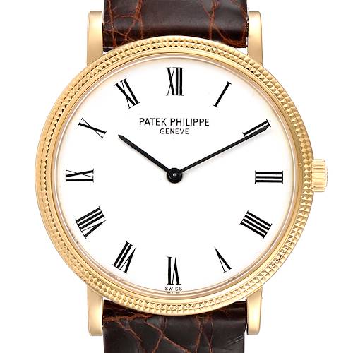 This image shows a front view of the Patek Philippe Calatrava 5120J Men's Yellow Gold White Dial 5120J Men's Yellow Gold White Dial watch, highlighting its face, bezel, crown, and leather strap.