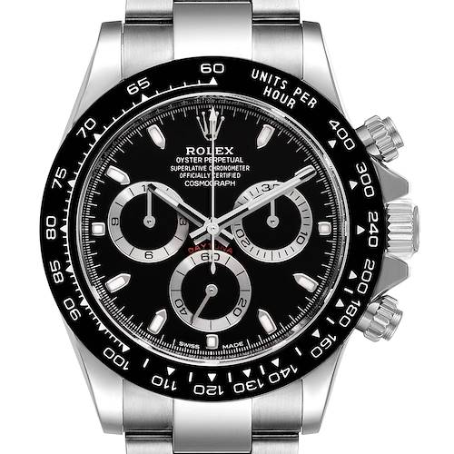The Rolex Daytona 116500 Men's Stainless Steel Black Dial 116500 Men's Stainless Steel Black Dial watch is shown from the front, displaying its black dial, chronograph subdials, and metal bracelet.